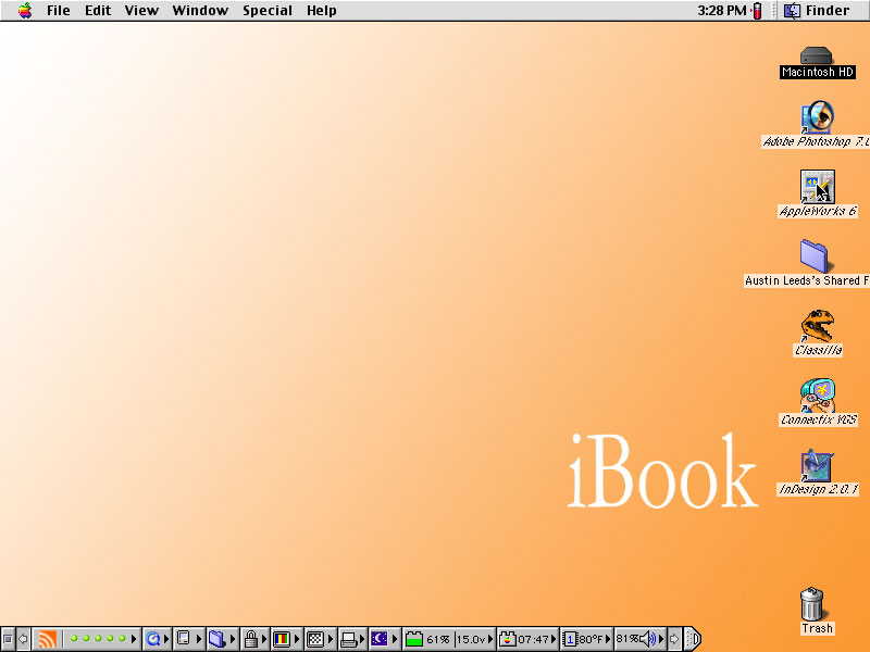 Screen shot of iBook running Mac OS 9.2.2 with tangerine gradient wallpaper