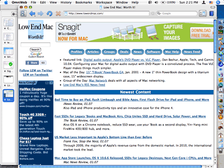 Low End Mac viewed in OmniWeb on a 1024 x 768 display