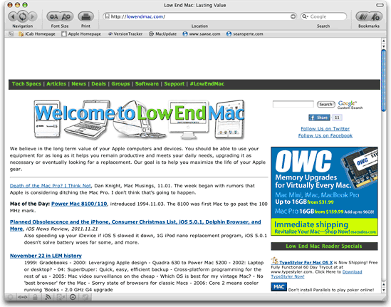 iCab 4.8 running on Mac OS X Tiger