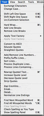 The Text menu in TextWrangler 3