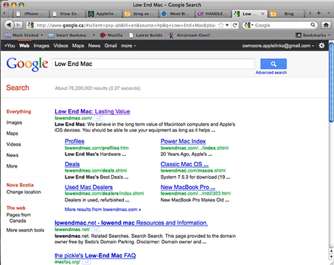 Google search results for Low End Mac