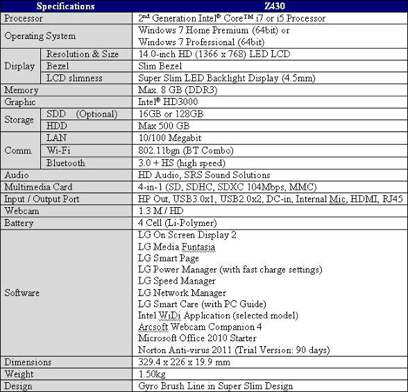 LG Z430 specifications