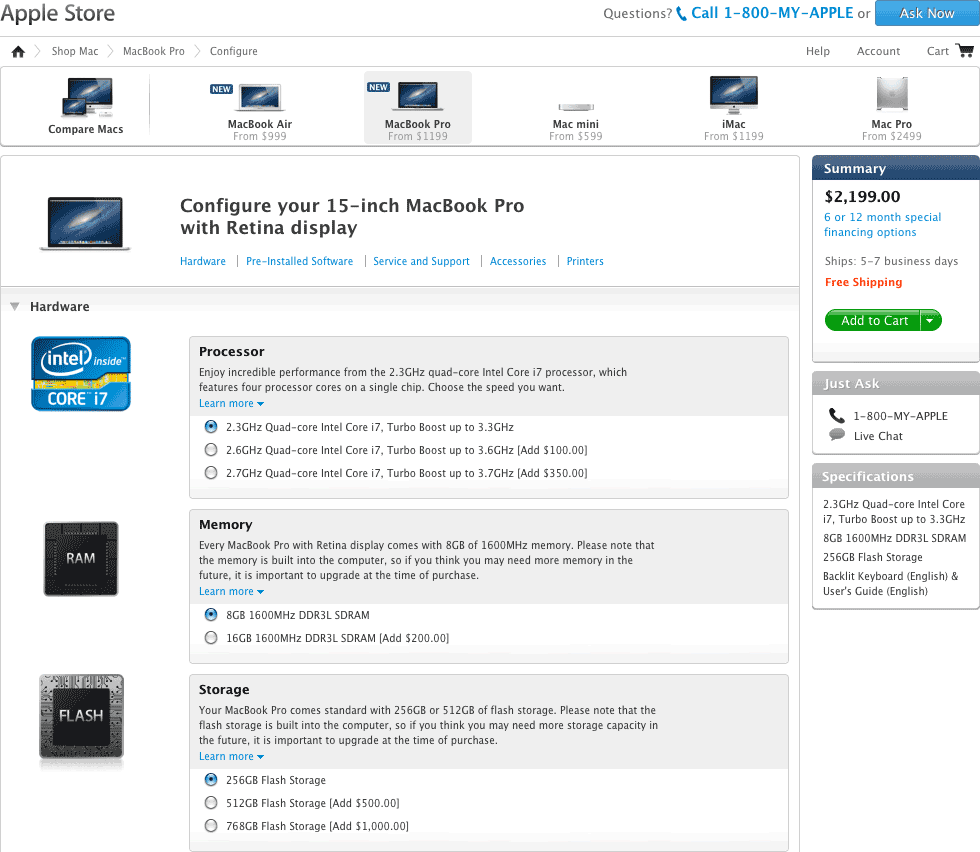 Configuration options for entry-level Retina MacBook Pro