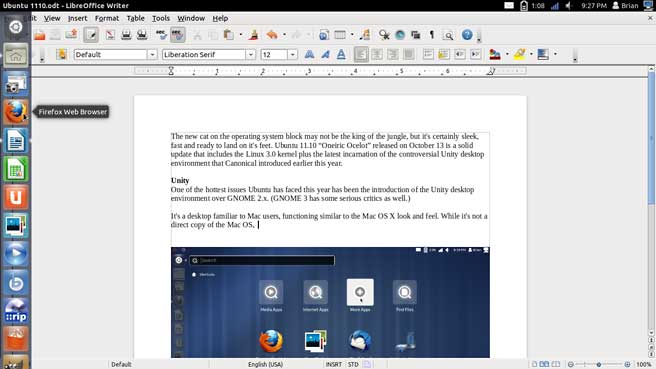 Ubuntu 10.10 with Unity running LibreOffice Writer