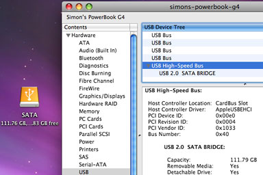 System Profiler sees the USB 2.0 drive connected to the PC Card