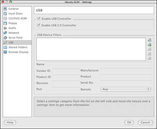 USB settings for VirtualBox
