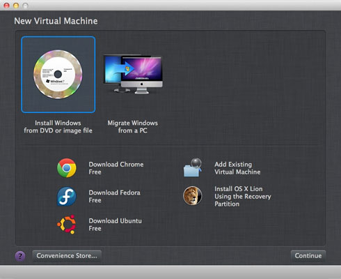 Parallels' Create a New Virtual Machine window