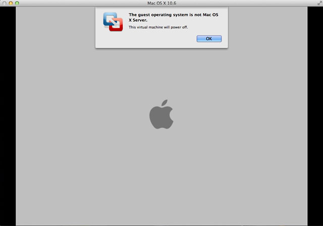 error message VMWare Fusion gives when you try to run non-server OS X