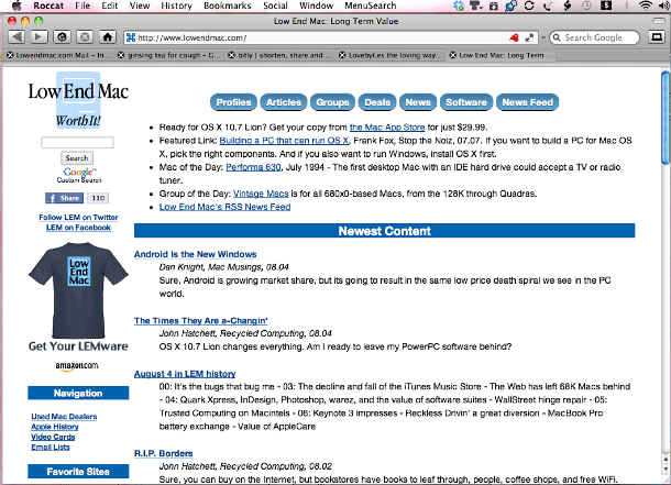Low End Mac as viewed using the Roccate browser