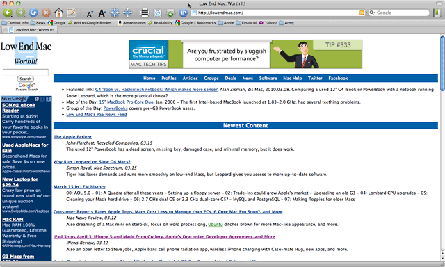 Low End Mac homepage viewed with Camino
