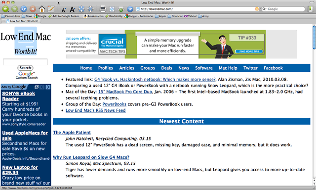 Low End Mac homepage with enlarged text